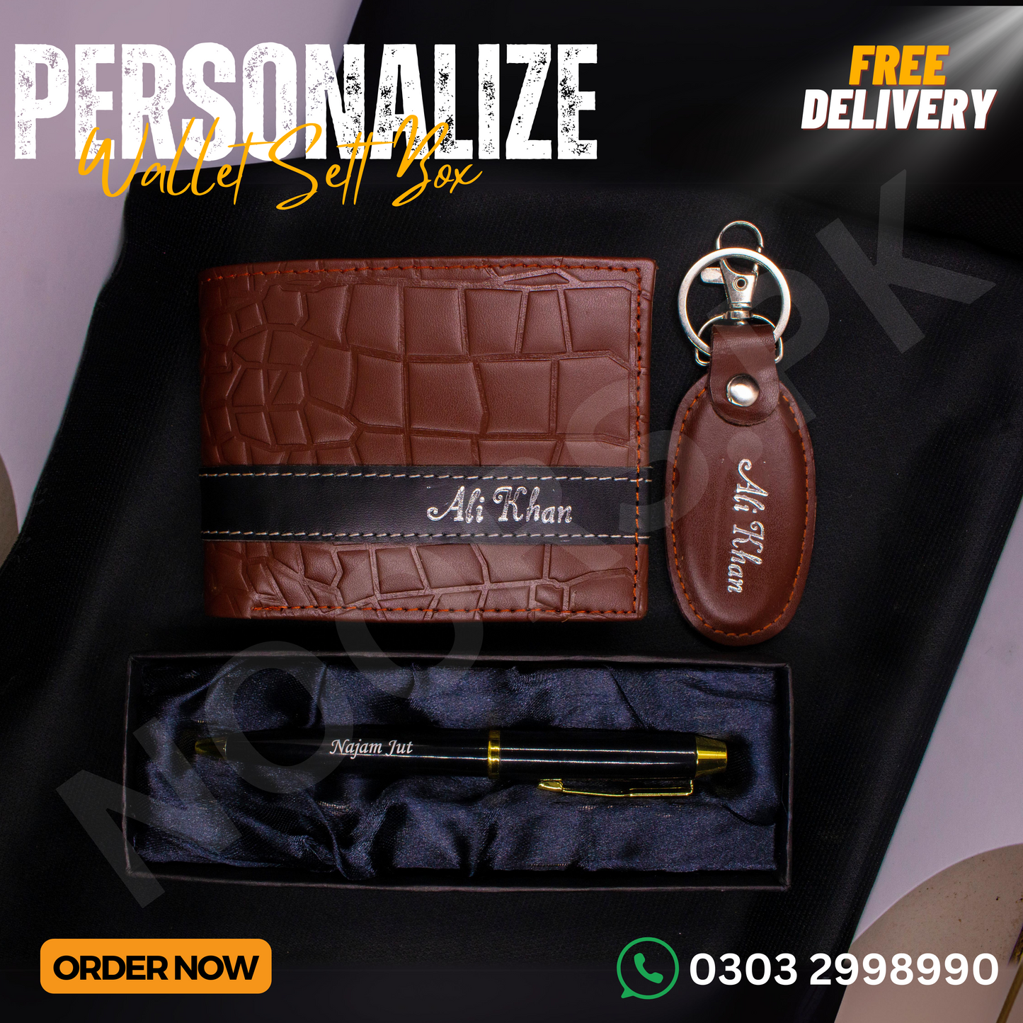 CUSTOMISE WALLET KEYCHAIN AND PEN WITH GIFT BOX (FREE DELIVERY)
