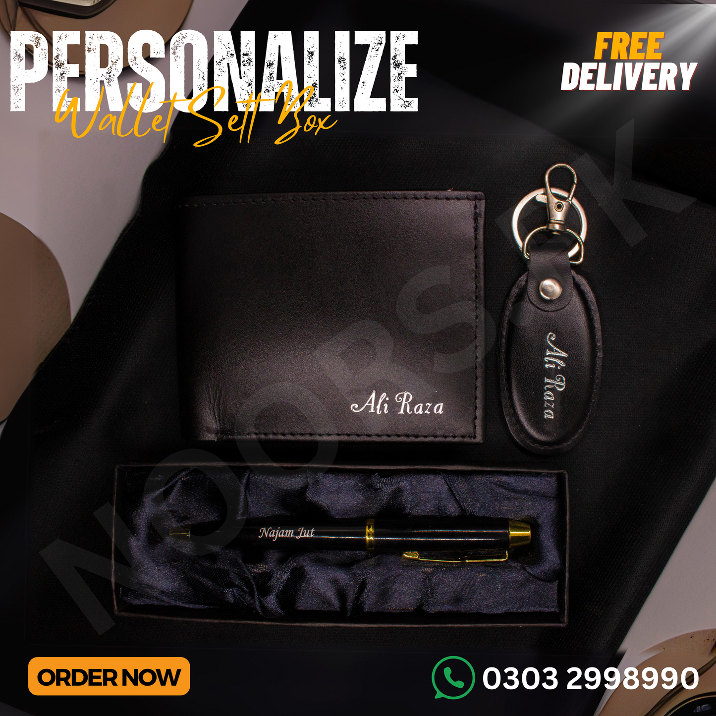 CUSTOMISE WALLET KEYCHAIN AND PEN WITH GIFT BOX (FREE DELIVERY)