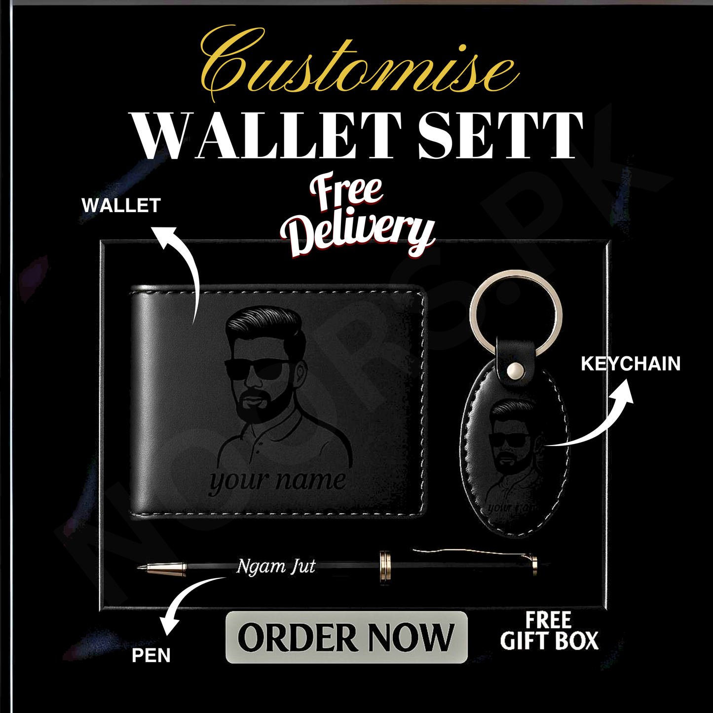 CUSTOMISE WALLET KEYCHAIN AND PEN WITH GIFT BOX (FREE DELIVERY)